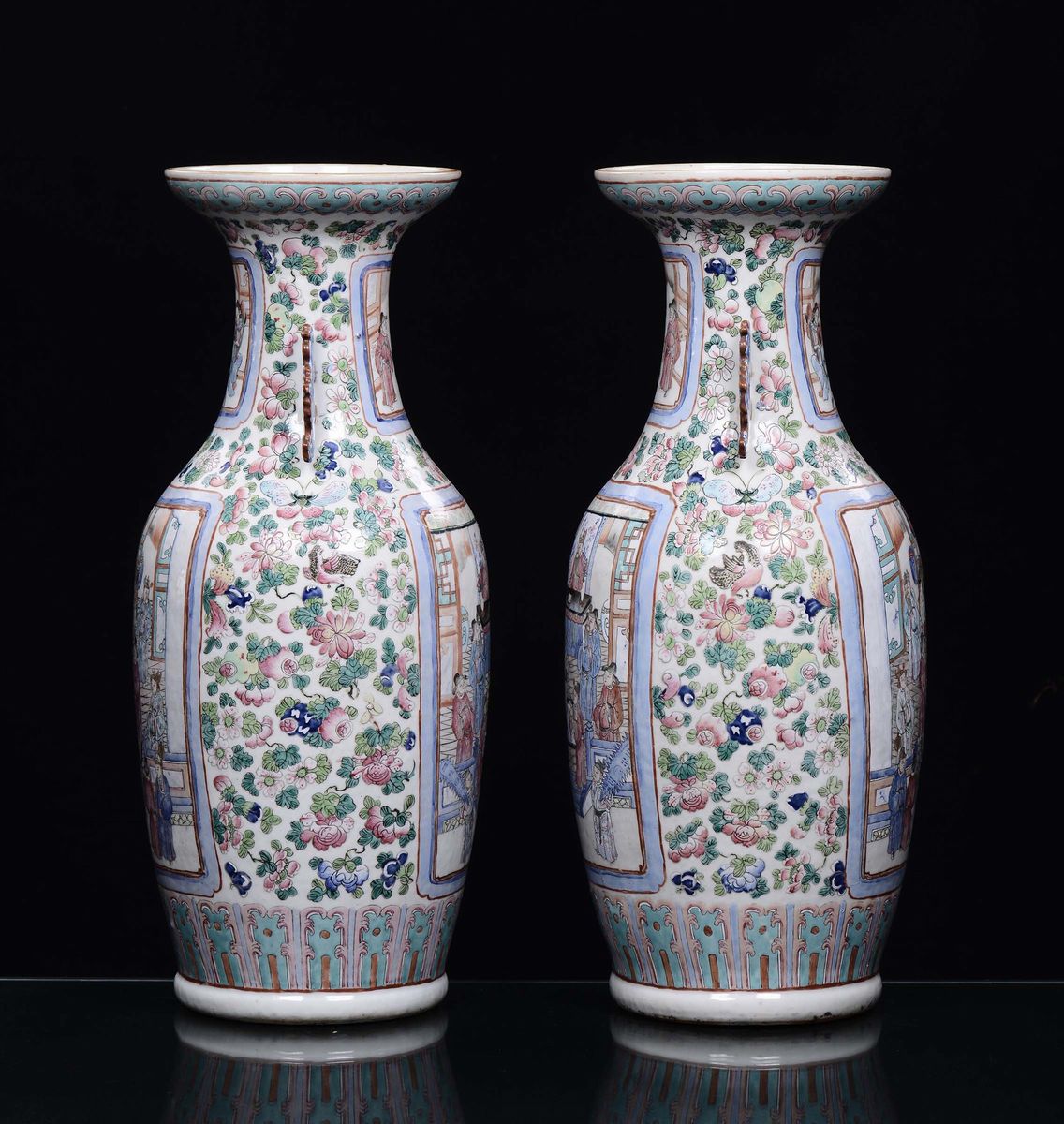 Coppia di Vasi in Porcellana Policroma, Famiglia Rosa, Cina, Dinastia Qing, XIX Secolo