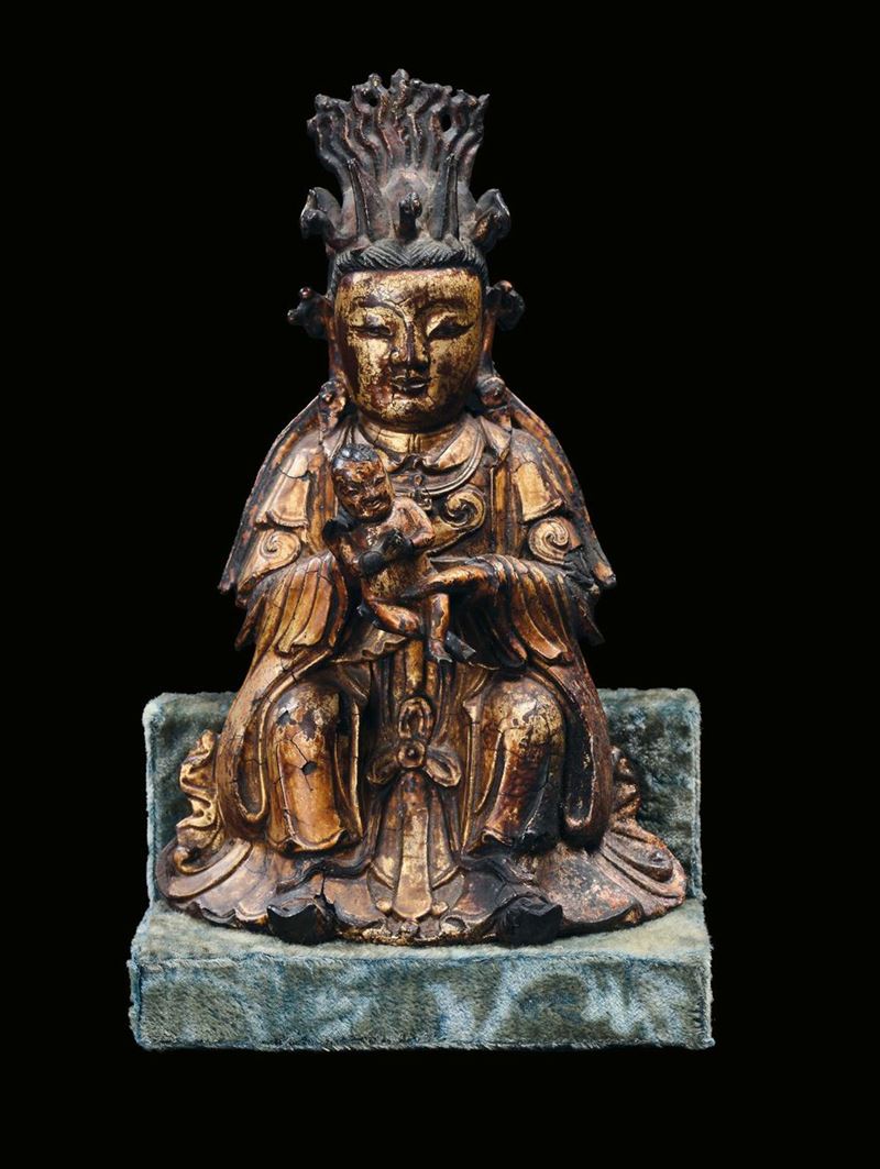 Scultura in bronzo raffigurante divinità con bambino, Cina, Dinastia Ming, XVII secolo  - Asta Fine Chinese Works of Art - II - Cambi Casa d'Aste