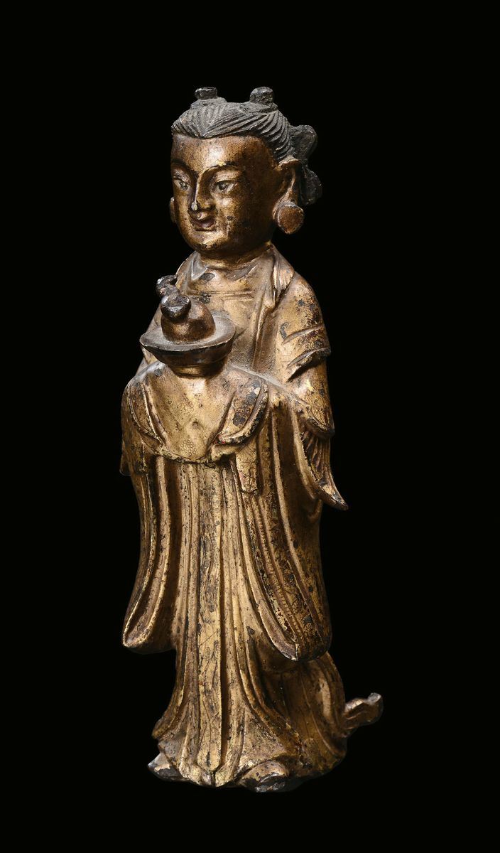 A bronze Guanyin statuette,  China, Ming Dynasty, 17th century  - Auction Fine Chinese Works of Art - II - Cambi Casa d'Aste