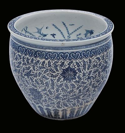 Grande Cachepot in Porcellana Bianca e Blu a Decoro Vegetale, Cina, Dinastia Qing, XIX Secolo