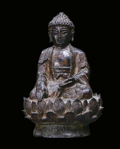 Buddha in Bronzo Seduto su Fiore di Loto, Cina, Dinastia Ming, XVII Secolo