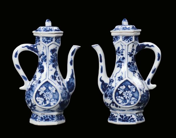 A pair of small white and blue teapots with plant forms decoration, China, Qing Dynasty, Kangxi Period(1662-1722)
