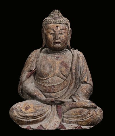 Buddha Seduto in Legno Scolpito Monocromo, Cina, Dinastia Ming, XVII Secolo