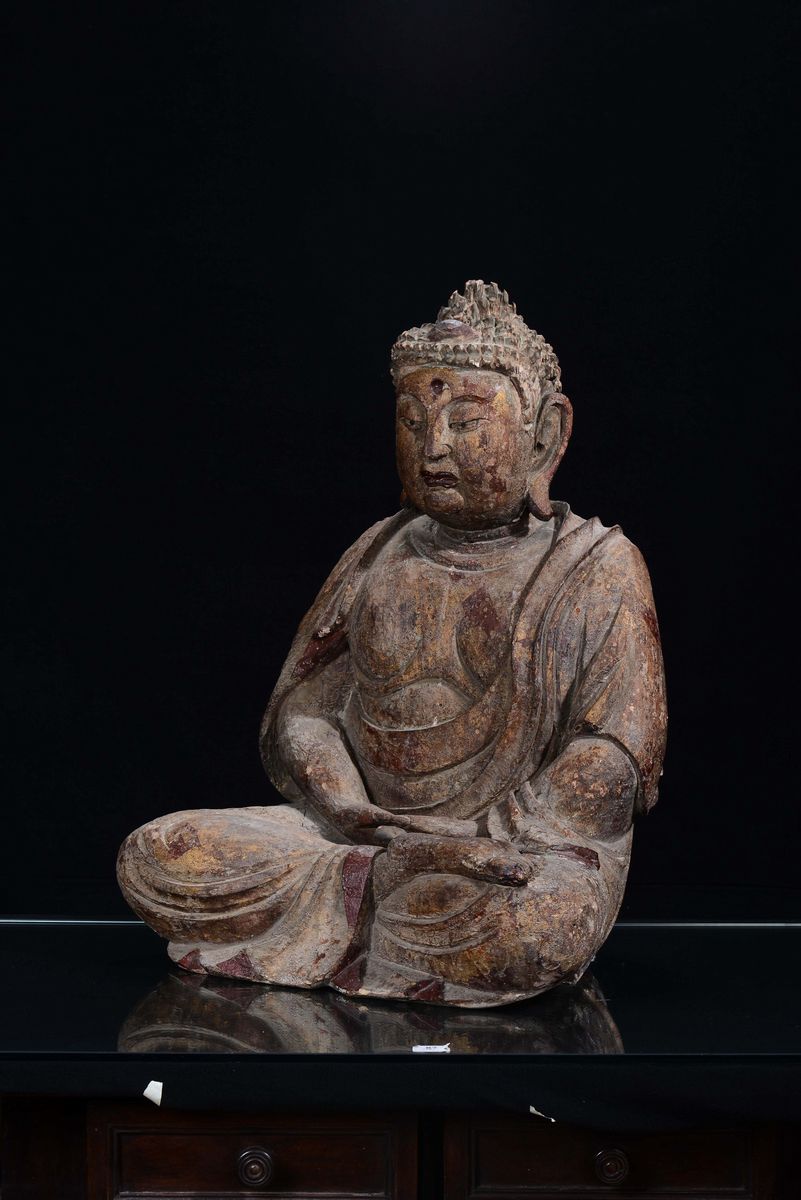 Buddha Seduto in Legno Scolpito Monocromo, Cina, Dinastia Ming, XVII Secolo