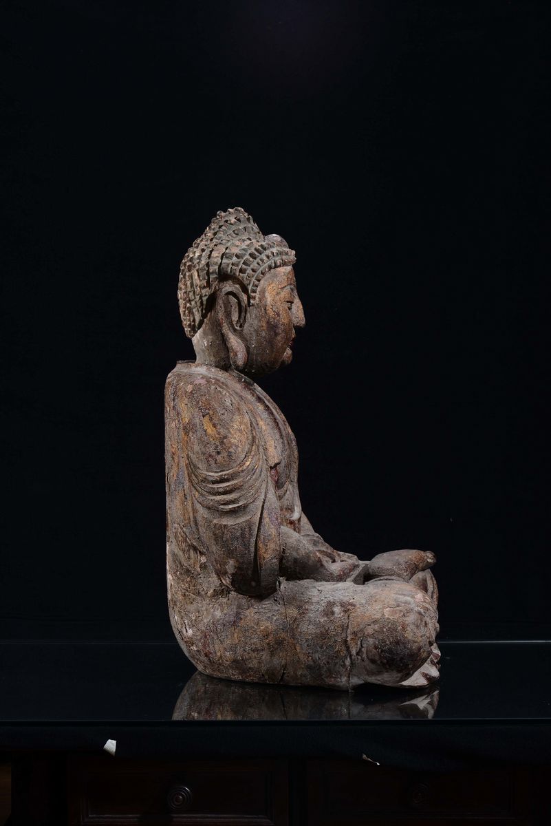 Buddha Seduto in Legno Scolpito Monocromo, Cina, Dinastia Ming, XVII Secolo