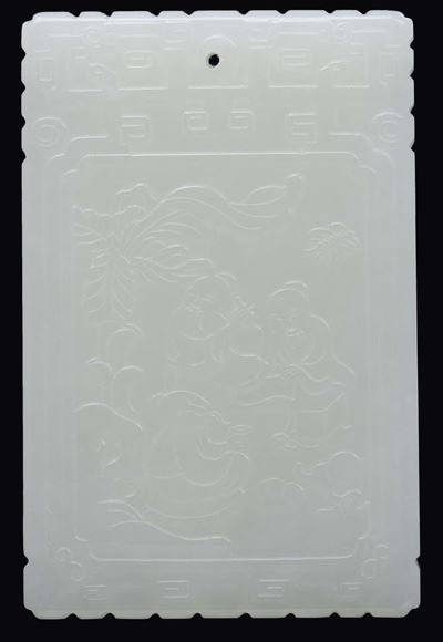 Placchetta in Giada Bianca con Iscrizioni e Paesaggi, Cina, Dinastia Qing, Inizio XX Secolo