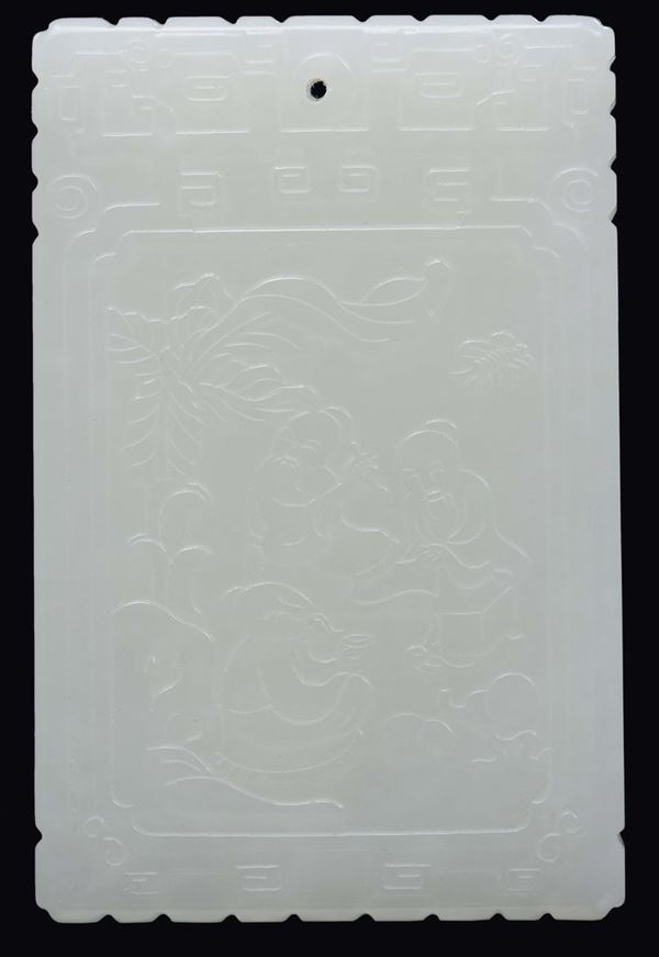 Placchetta in giada bianca con iscrizioni e paesaggi, Cina, XX secolo