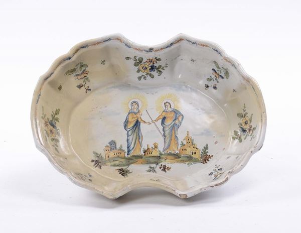 Piatto da barbiere in maiolica con Santi, Francia XVIII secolo