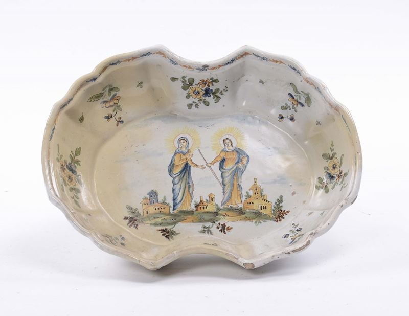 Piatto da barbiere in maiolica con Santi, Francia XVIII secolo  - Auction Furnishings and Works of Art from Important Private Collections - Cambi Casa d'Aste
