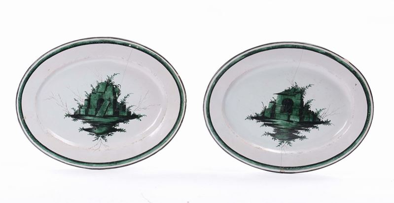 Coppia di piatti a decoro verde, Ferninani, XVIII secolo  - Asta Arredi e Oggetti d'Arte da Importanti Collezioni Private - Cambi Casa d'Aste