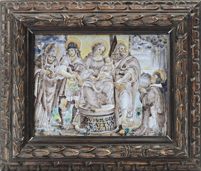 Placca in maiolica con Madonna in trono e Santi, Castelli XVIII secolo  - Asta Asta a Tempo 2-2014 - Cambi Casa d'Aste