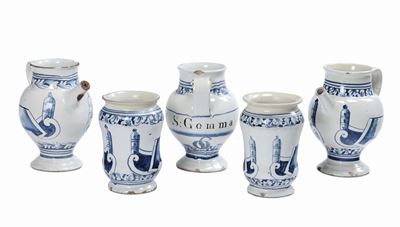 Lotto di Due Albarelli e Tre Boccali in Maiolica, XVIII Secolo
