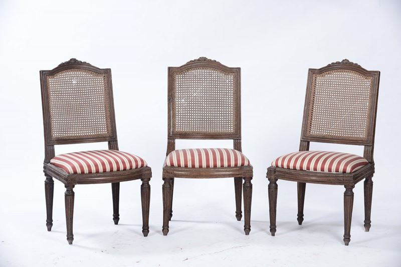 Tre sedie con seduta imbottita a righe  - Asta Asta a Tempo 7-2014 - Cambi Casa d'Aste