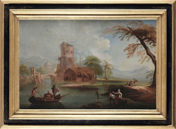 Scuola del XVIII secolo Paesaggio lacustre con figure e battello