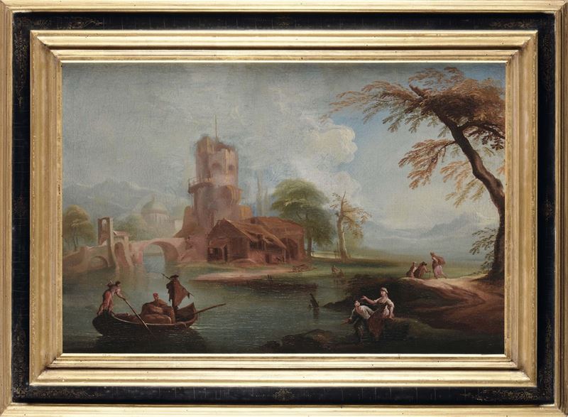 Scuola del XVIII secolo Paesaggio lacustre con figure e battello  - Asta Arredi e Oggetti d'Arte da Importanti Collezioni Private - Cambi Casa d'Aste