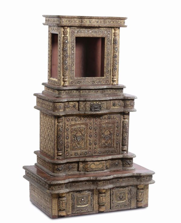 A rare wood altar richly decorated with coloured glass inserts, Thailand, early 19th century