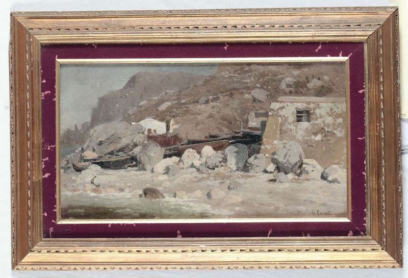 Hermann Corrodi (Frascati 1844 - Roma 1905) ambito di Veduta costiera con barche  - Asta Antiquariato e Dipinti Antichi - Cambi Casa d'Aste