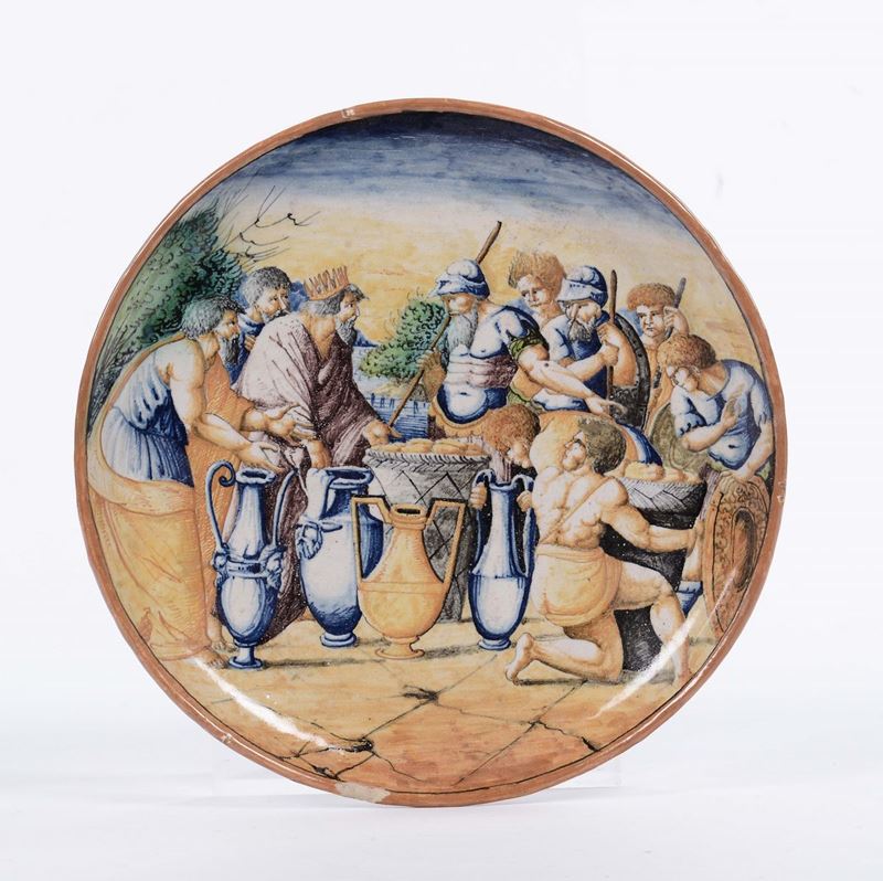 Piatto in maiolica policroma a decoro istoriato, XIX secolo  - Auction Furnishings and Works of Art from Important Private Collections - Cambi Casa d'Aste