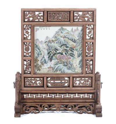 Placca in Porcellana Policroma Raffigurante Paesaggio Orientale Entro Teca in Legno Intagliato, C...