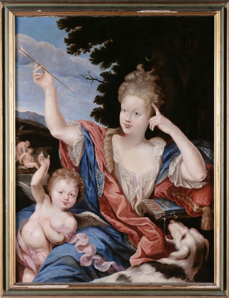 Pierre Mignard (Troyes 1616 - Parigi 1695), cerchia di Ritratto di dama in veste di Diana  - Asta Dipinti Antichi - II - Cambi Casa d'Aste