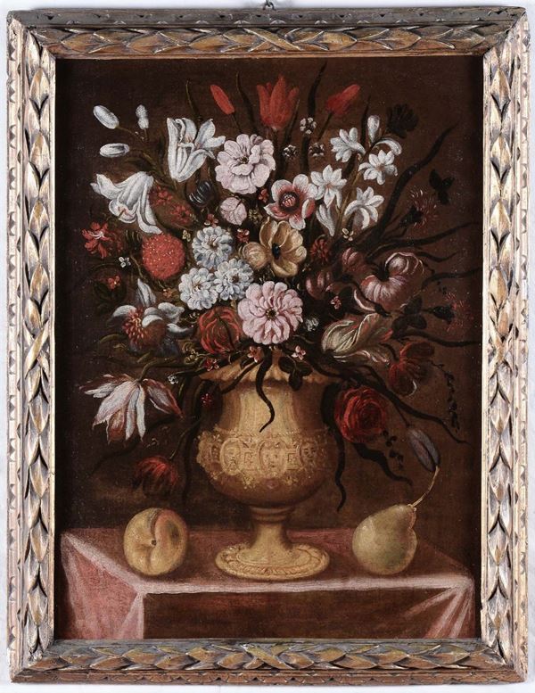 Scuola piemontese del XVII secolo Natura morta con vaso di fiori e frutti