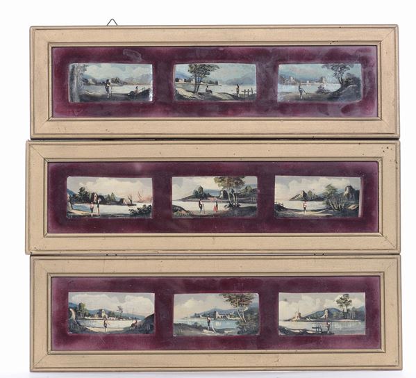 Lotto di nove piccoli dipinti con scene costiere, XIX-XX seolo