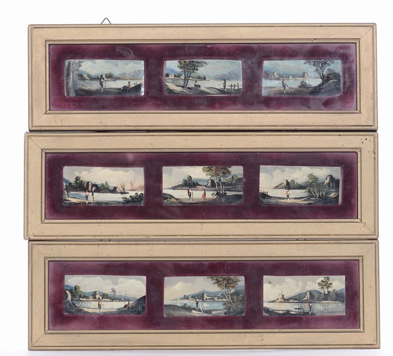 Lotto di nove piccoli dipinti con scene costiere, XIX-XX seolo  - Auction Furnishings and Works of Art from Important Private Collections - Cambi Casa d'Aste