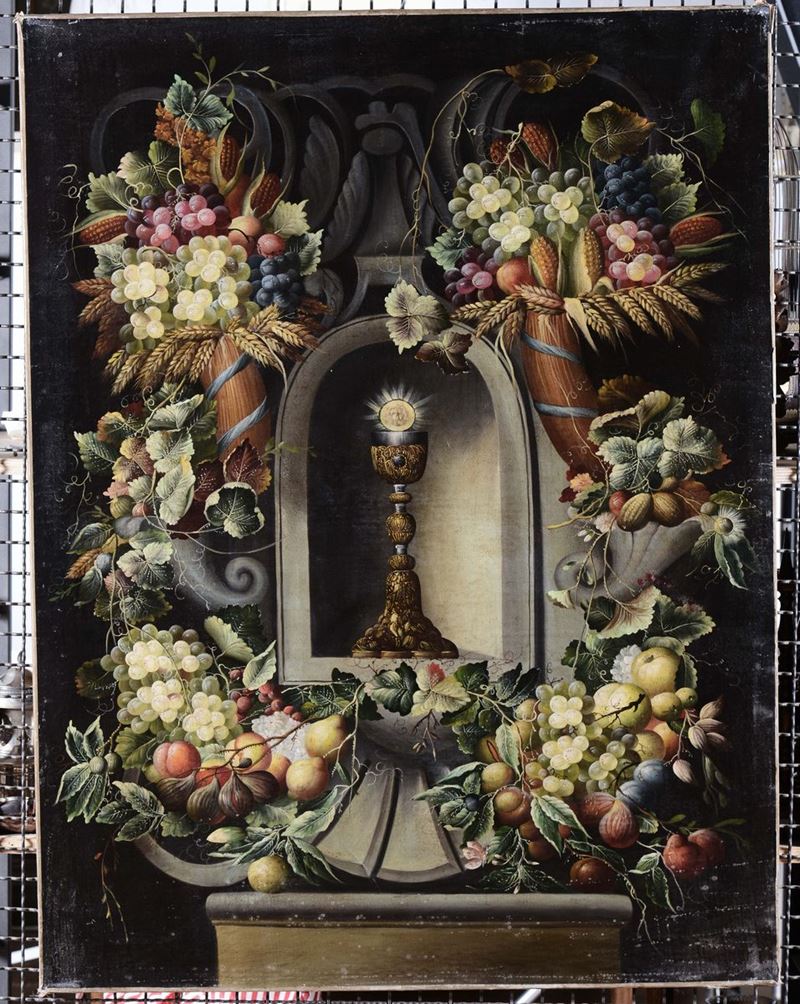 Anonimo del XX secolo Natura morta con ghirlanda di frutta  - Auction Furnishings and Works of Art from Important Private Collections - Cambi Casa d'Aste