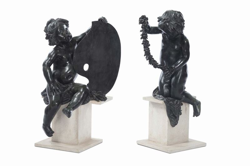 Due putti in bronzo, fine XVIII secolo  - Auction Furnishings and Works of Art from Important Private Collections - Cambi Casa d'Aste