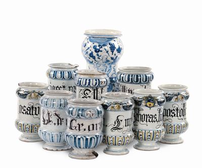 Dieci Vasi da Farmacia in Maiolica, XVII Secolo