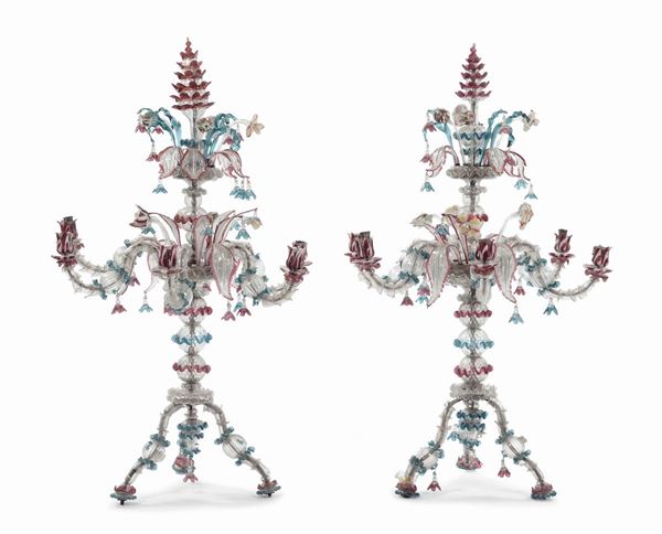 Coppia di grandi candelabri a sei luci  in vetro colorato, Murano XIX secolo