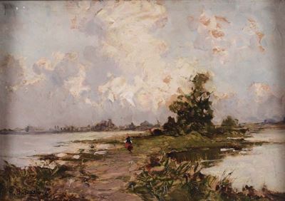Giuseppe Buscaglione (ariano di Puglia 1868 - Rivoli Torinese 1928)paesaggio Lacustre con Figure