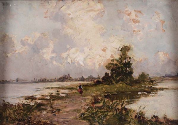 Giuseppe Buscaglione (Ariano di Puglia 1868 - Rivoli Torinese 1928) Paesaggio lacustre con figure
