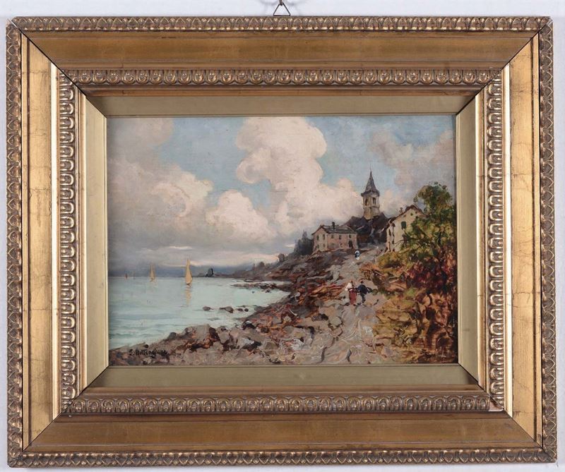Giuseppe Buscaglione (Ariano di Puglia 1868 - Rivoli Torinese 1928) Veduta costiera con figure  - Auction Fine Art - Cambi Casa d'Aste