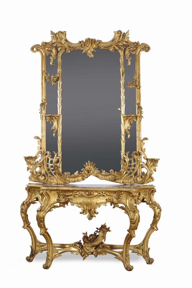 Console con specchiera in legno intagliato e dorato  - Auction Furnishings and Works of Art from Important Private Collections - Cambi Casa d'Aste