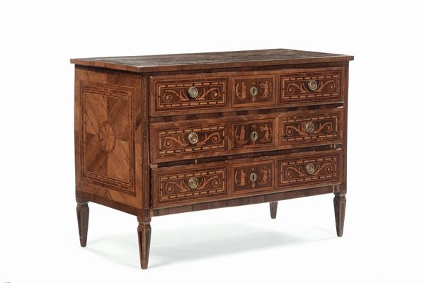 Coppia di cassettoni Luigi XVI interamente lastronati ed intarsiati, XVIII secolo