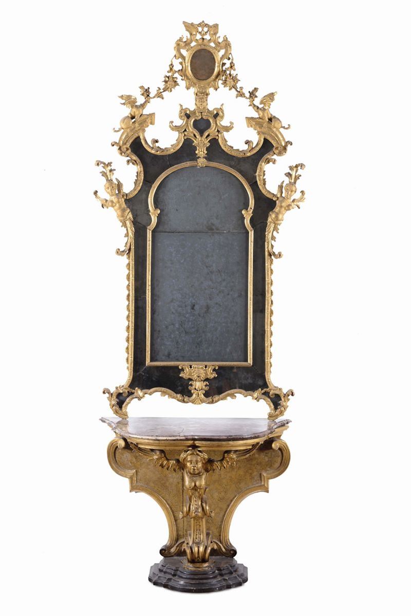 Console con specchiera in legno intagliato e dorato, XVIII secolo  - Auction Furnishings and Works of Art from Important Private Collections - Cambi Casa d'Aste