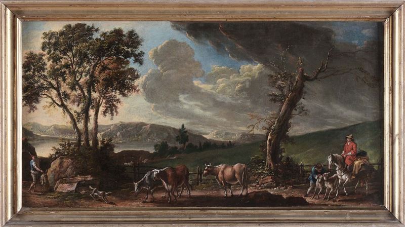 Scuola del XVIII secolo Paesaggio con figure e animali  - Asta Dipinti Antichi - II - Cambi Casa d'Aste