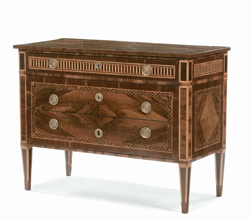 Cassettone Luigi XVI interamente lastronato ed intarsiato, XVIII secolo  - Auction Furnishings and Works of Art from Important Private Collections - Cambi Casa d'Aste
