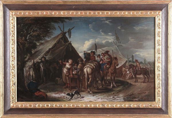 Pieter Van Bloemen (Anversa 1657 - 1720) Viandante al guado  Accampamento militare