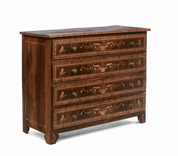 Comò a quattro cassetti lastronato ed intarsiato, XVIII-XIX secolo