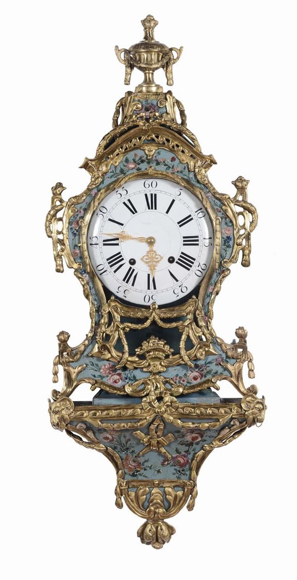Orologio Cartel da parete laccato e dipinto a fondo azzurro, Francia XVIII secolo