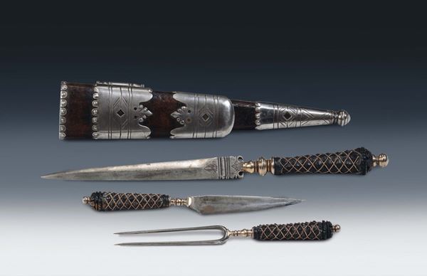 Manifattura italiana o del nord Europa, XVII secolo Set di posate da caccia e custodia