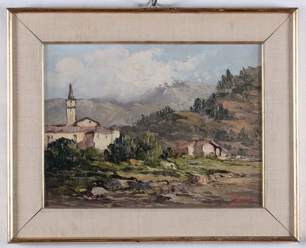 Enrico Clara (1860-?) Paesaggio con chiesa