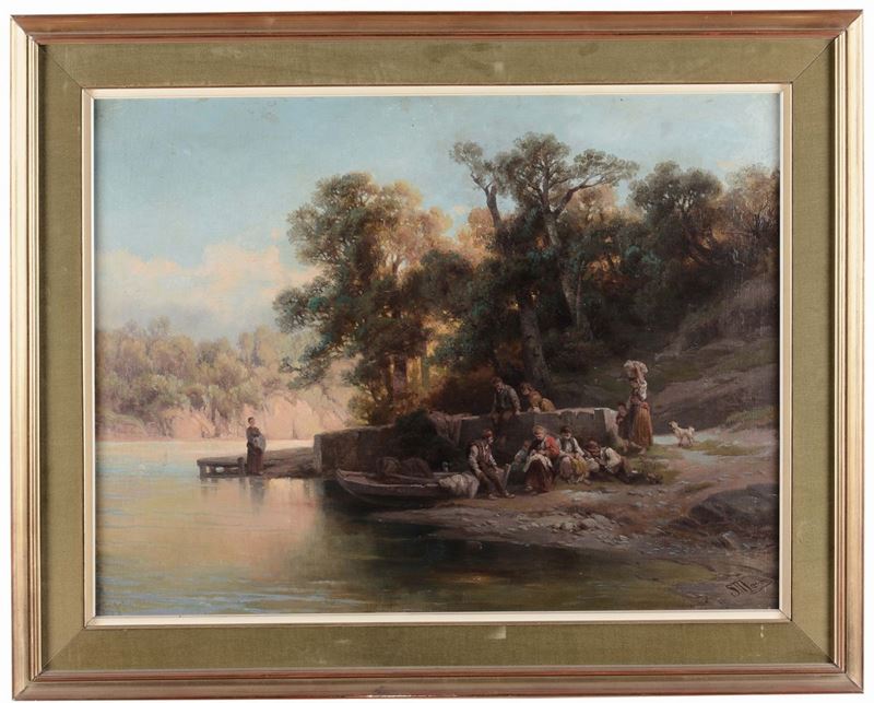 Salvatore Mazza (1819-1886) Contadini sul lago  - Auction Furnishings and Works of Art from Important Private Collections - Cambi Casa d'Aste