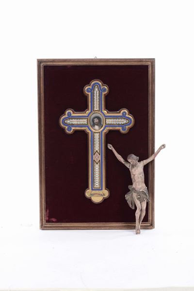 Croce in Metallo Dorato e Dipinto con Miniatura Gesù