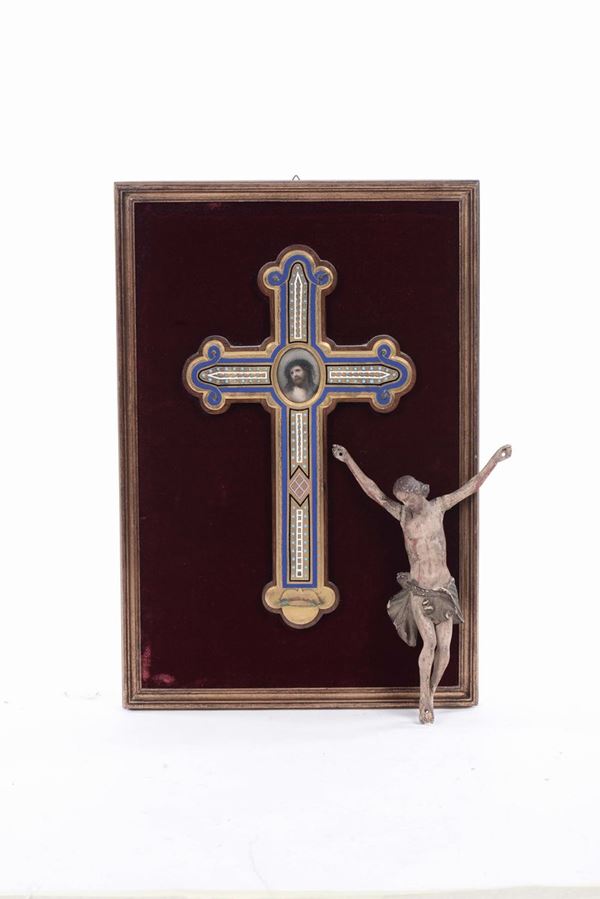 Croce in metallo dorato e dipinto con miniatura Gesù