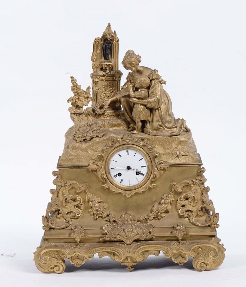 Pendola da tavolo in bronzo dorato con figura femminile, epoca Luigi Filippo  - Asta Arredi e Oggetti d'Arte da Importanti Collezioni Private - Cambi Casa d'Aste