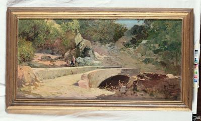 Cesare Bentivoglio ( Genova 1868 - 1952 )paesaggio con Ponte