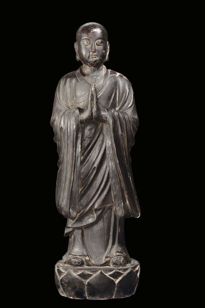 Buddha Eretto su Fiore di Loto in Legno Laccato e Parzialmente Dorato, Birmania, Metà XIX Secolo
